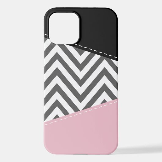 Coque iPhone 12 Gris Zigzag, Gris Chevron, Motif Zigzag, Rose (Verso)