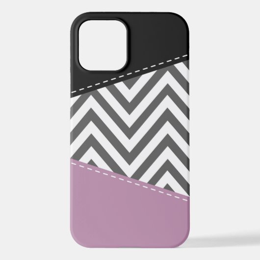 Coque iPhone 12 Gris Zigzag, Gris Chevron, Motif Zigzag, Violet (Verso)