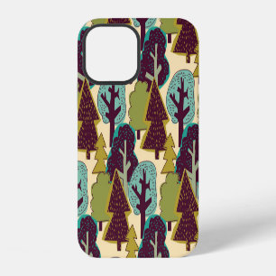 Coque iPhone 12 Illustration d'arbres gribouillés couleur forêt