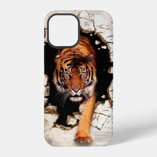 Coque iPhone 12 image 3d tigre émergeant du mur détruit