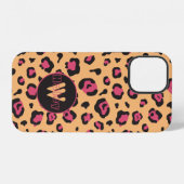 Coque iPhone 12 Imprimé léopard rose et noir avec monogramme (Verso Horizontal)