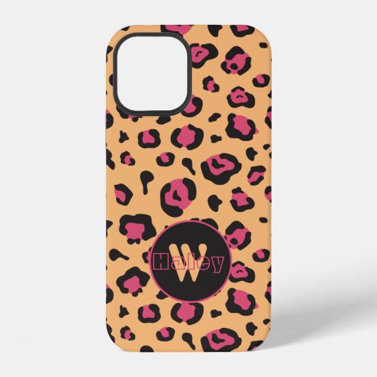 Coque iPhone 12 Imprimé léopard rose et noir avec monogramme (Verso)
