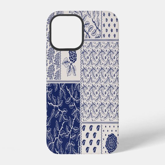 Coque iPhone 12 Indigo Bleu Beige Floral Patchwork (Verso)