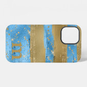 Coque iPhone 12 Initiale Monogramme Pailleté Or Bleu (Verso Horizontal)