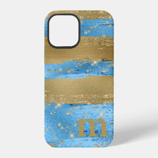 Coque iPhone 12 Initiale Monogramme Pailleté Or Bleu (Verso)