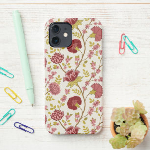 Coque iPhone 12 Jacobean Floral Grand Motif Reds Pinks Gold Creme