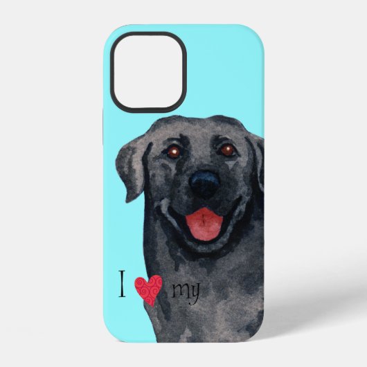 Coque iPhone 12 J'aime mon Labrador noir (Verso)
