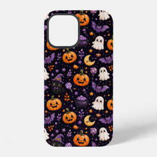 Coque iPhone 12 Joli motif d'art de citrouille de fantôme de chat