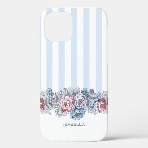 Coque iPhone 12 Jolies fleurs roses et bleues et rayures avec nom