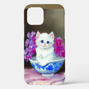 Coque iPhone 12 Kitten blanc vintage aux fleurs roses