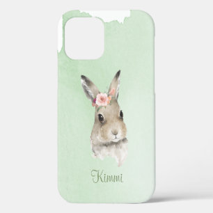 Coque iPhone 12 Lapin de Pâques Aquarelle Nom Vert Minimaliste