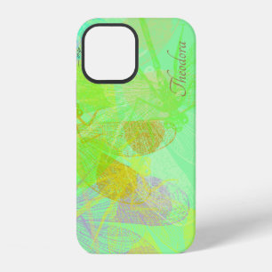 Coque iPhone 12 Libellule en or abstraite sur fond pastel bleu