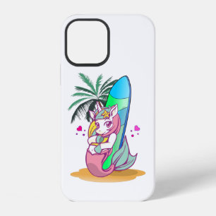 Coque iPhone 12 Licorne avec planche de surf sur la plage
