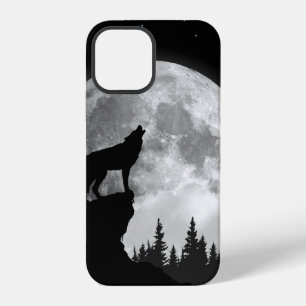 Coque iPhone 12 Loup noir et blanc hurlant à la lune