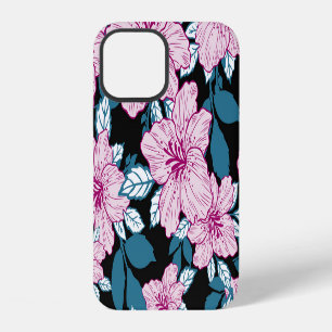 Coque iPhone 12 Lys violet, fond de feuille bleue.