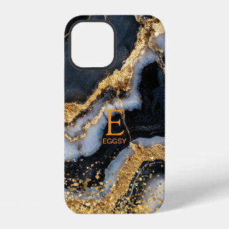 Coque iPhone 12 Marbre noir chic paillettes dorées monogramme