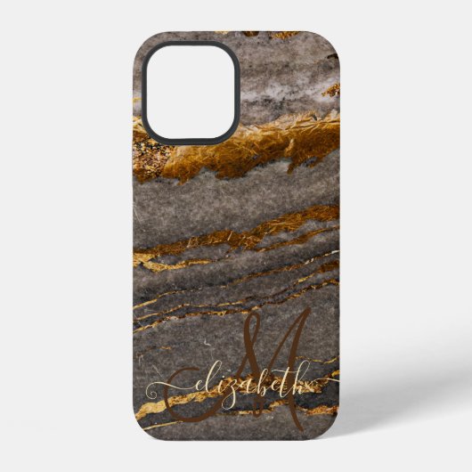 Coque iPhone 12 Marbre texture monogramme brun doré Cool (Verso)