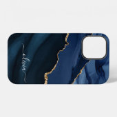 Coque iPhone 12 Marine Blue Agate Geode Or Monogramme Coque-Mate i (Verso Horizontal)