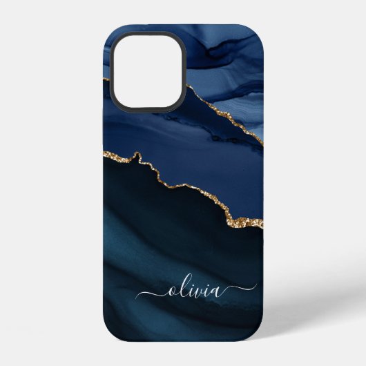 Coque iPhone 12 Marine Blue Agate Geode Or Monogramme Coque-Mate i (Verso)
