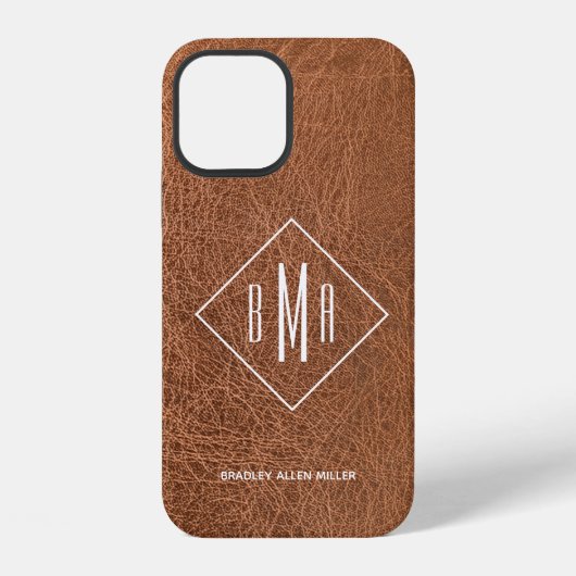 Coque iPhone 12 Marron Faux Cuir Monogrammé (Verso)