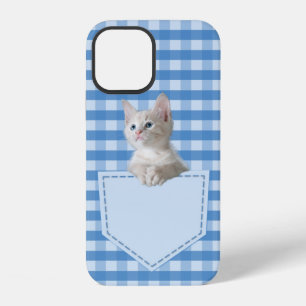 Coque iPhone 12 Mignon Chat Blanc Poches Gingham Bleu Motif