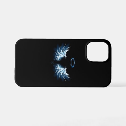 Coque iPhone 12 Mini Blue Glowing Angel Wings on black background (Verso Horizontal)