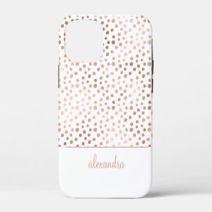 Coque iPhone 12 Mini Blush Rose - Motif à pois en or rose Monogramme