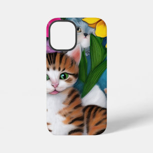 Coque iPhone 12 Mini Chat, chaton et fleurs d'art populaire