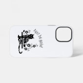 Coque iPhone 12 Mini Chat noir avec des fleurs et expression portugaise (Verso Horizontal)