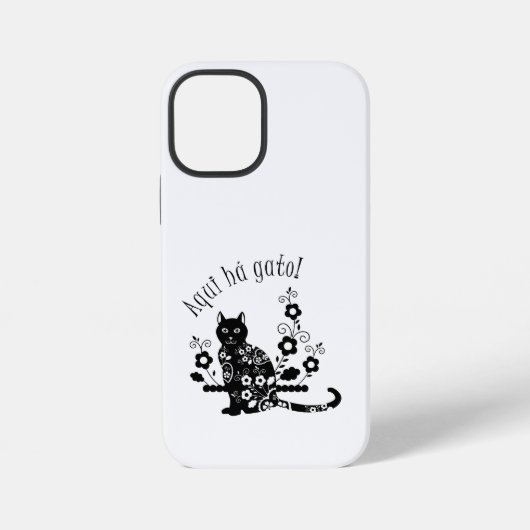 Coque iPhone 12 Mini Chat noir avec des fleurs et expression portugaise (Verso)