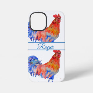 Coque iPhone 12 Mini Coq Rouge Aquarelle Bleue Nom Homme Téléphone