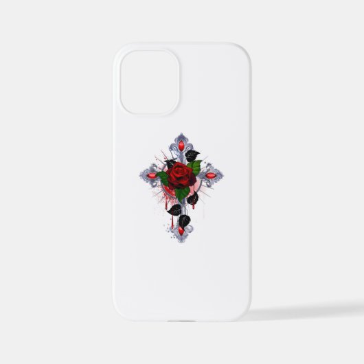 Coque iPhone 12 Mini Croix d'argent avec une rose rouge (Verso)
