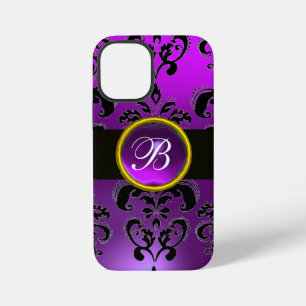 Coque iPhone 12 Mini DAMAS MONOGRAMME VIOLET NOIR, Pierre précieuse