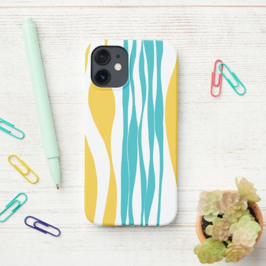 Coque iPhone 12 Mini Ebb et flux - Turquoise & Jaune (Sur le bureau)