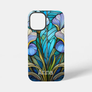Coque iPhone 12 Mini Élégant Art Nouveau Floral Bleu Vitrage Iris