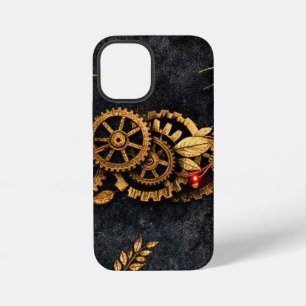 Coque iPhone 12 Mini Engrenages dorés vintage et néon rouge Cyberpunk m