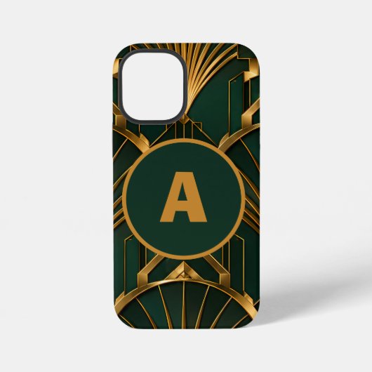Coque iPhone 12 Mini Étuiphone Art Déco émeraude vert or monogramme (Verso)