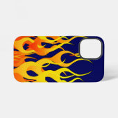 Coque iPhone 12 Mini Flammes de course classique sur fond bleu marine (Verso Horizontal)