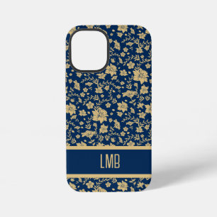 Coque iPhone 12 Mini Fleur de décoration personnalisée Navy Or