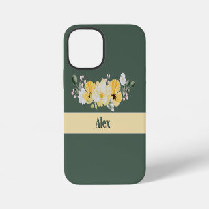 Coque iPhone 12 Mini Fleurs aquarelles modernes & fond vert