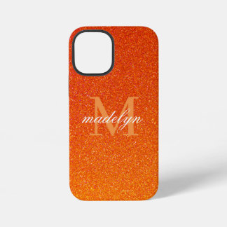 Coque iPhone 12 Mini Girly Orange Glitter Sparkles Monogram Script Name