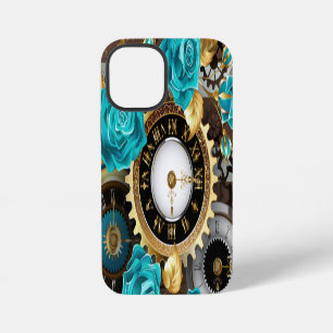 Coque iPhone 12 Mini Horloge Steampunk et roses turquoise sur fond rayé