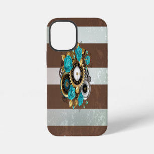 Coque iPhone 12 Mini Horloge Steampunk et roses turquoise sur fond rayé