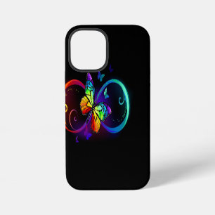 Coque iPhone 12 Mini Infini vibrant avec papillon arc-en-ciel sur fond