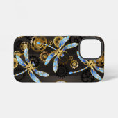 Coque iPhone 12 Mini Libellules Steampunk sur fond rayé marron (Verso Horizontal)