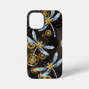 Coque iPhone 12 Mini Libellules Steampunk sur fond rayé marron