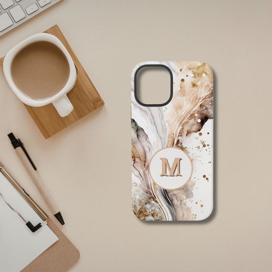 Coque iPhone 12 Mini Marbre Brun Or Monogram Luxe Design Abstrait