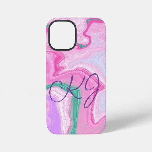 Coque iPhone 12 Mini Marbre Rose, Violet, Vert Menthe Art Monogrammé  (Verso)