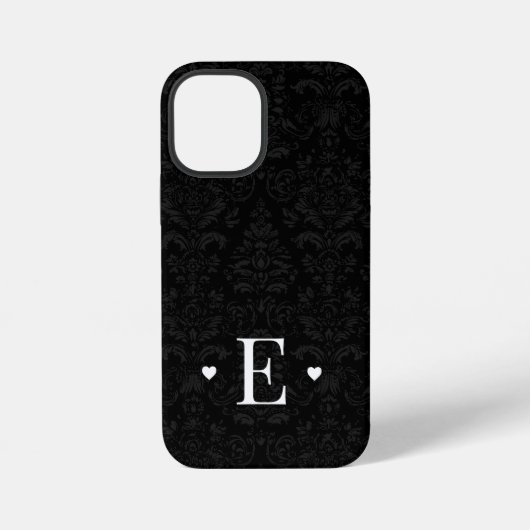 Coque iPhone 12 Mini Minimal Heart Chic Monogramme Initial Noir Damassé (Verso)