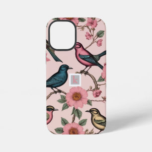 Coque iPhone 12 Mini Monogramme botanique oiseaux floraux rose vintage